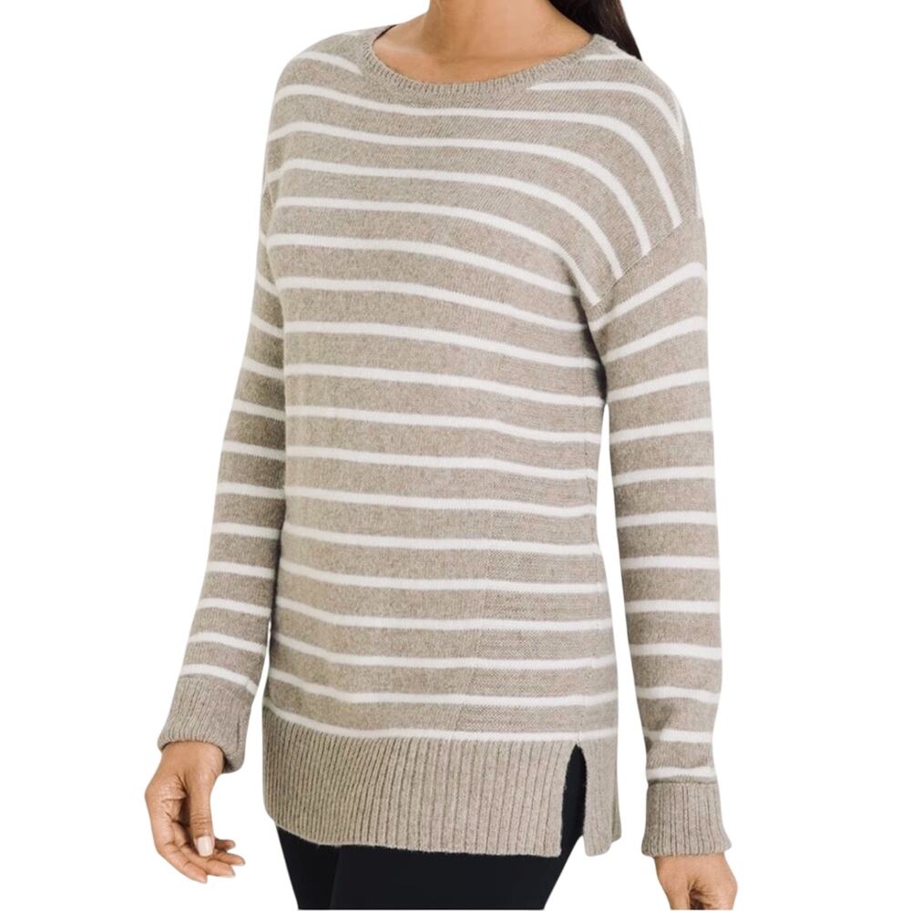 Chico's Striped Pullover Sweater Size XL 3 Tan Cream Cotton Blend Ribbed Knit